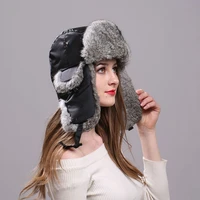 warm bomber hat unisex real rabbit fur bonet with rainproof cloth earflap trapper russian cap male winter ski hats for women