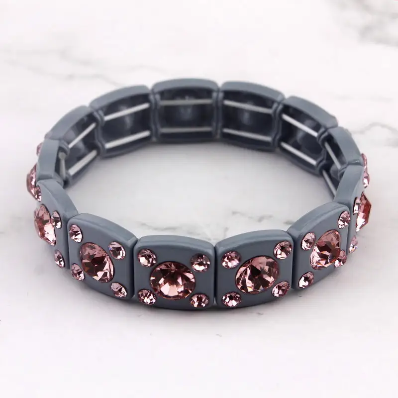 

ZWPON Rainbow Mini Facted Glass Crystal Braclet Bangle Geometric Square Alloy Frame Fashion Elastic Tring Bracelet for Woman