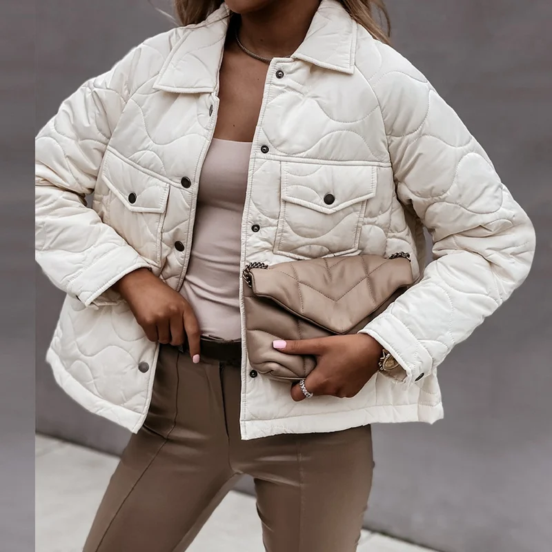 

Front Buttons Parkas Women Fashion Simple Pocket Coats Women Elegant Turn Down Collar Solid Cotton Jackets Female Chic Overcoats