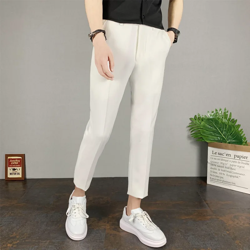 

Solid Casual Men's Pants Straight Tllbe Button Stretchy Breathable Pocket Decor Casual Fashion Male Ninth Pants