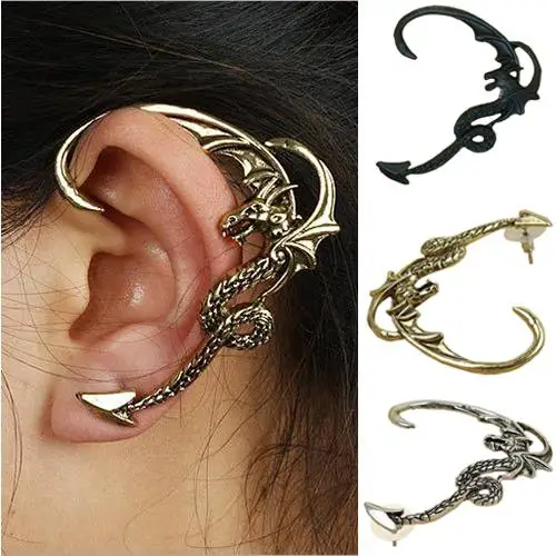 

Classic Simple Cool Punk Gothic Ear Cuff Women Vintage Fly Dragon Cartilage Earrings Clip Left Ear Cuff Piercing Jewelry 55x47mm