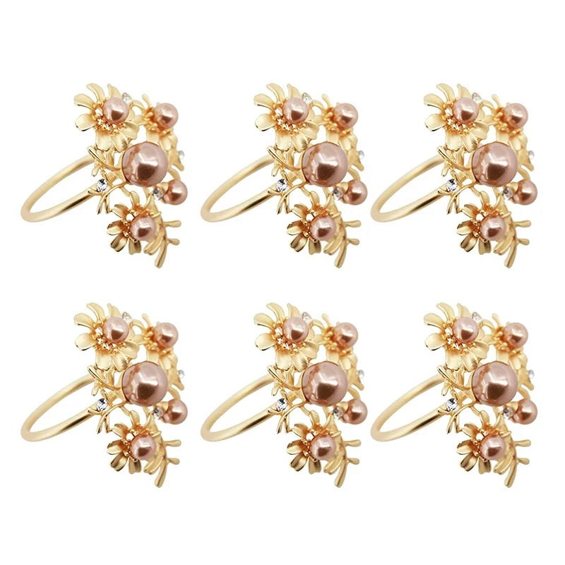 

12 Pcs Wedding Holiday Gold Napkin Rings with Flowers Pearl Leaves Rhinestone Napkin Ring Party Decor for Dinner,Etc