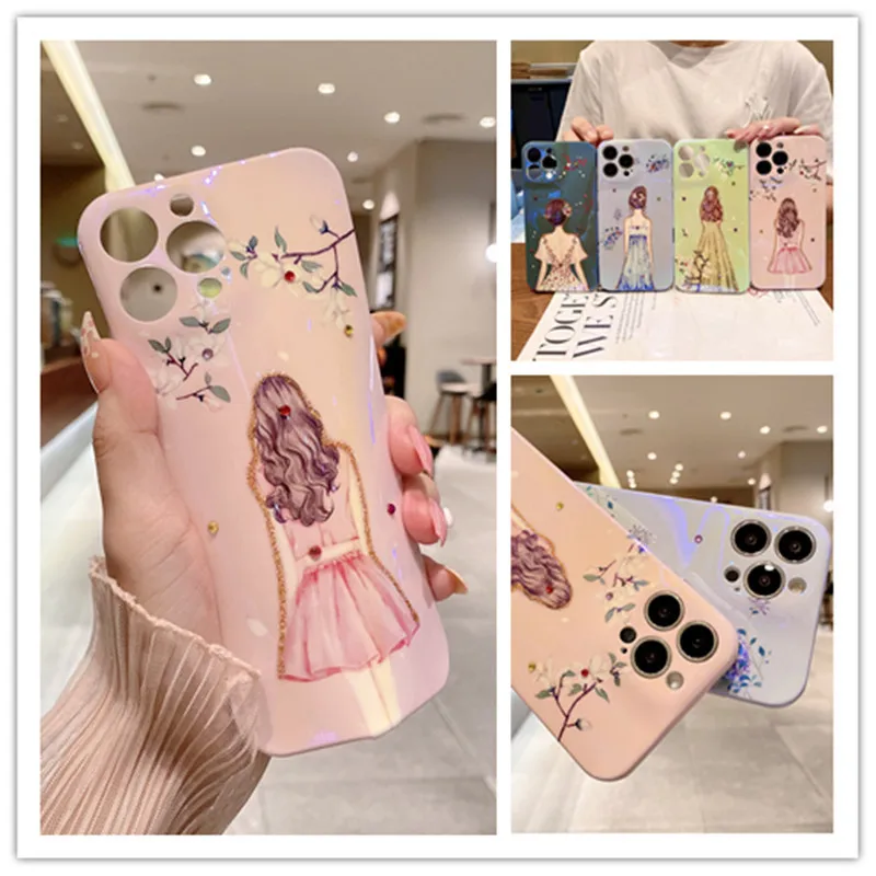 

Glitter Jewelled Girl Back View Protective Cover Soft Shell For iPhone 13 12 11 Pro Max XSMAX XR X 8 7 Plus Anti-fall Phone Case