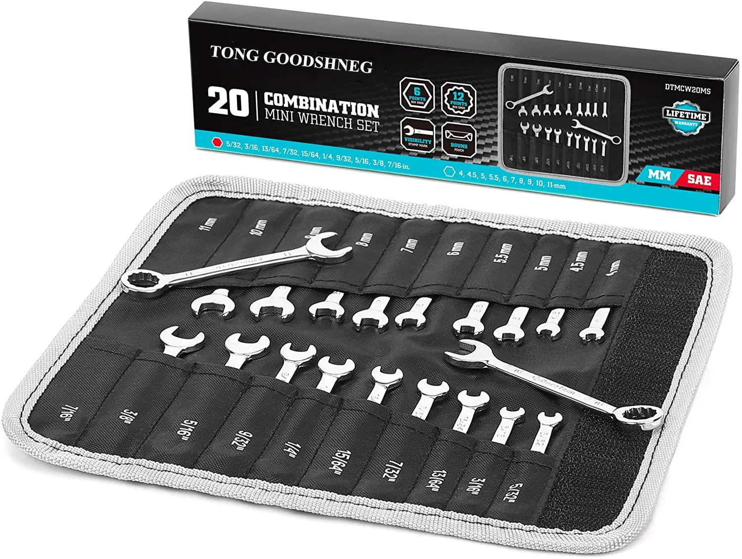 Mini Combination Wrench Set,Midget Wrench Set,Metric&SAE,20-Piece, 4-11mm & 5/32'' to 7/16'',Lightweight,with Rolling Pouch