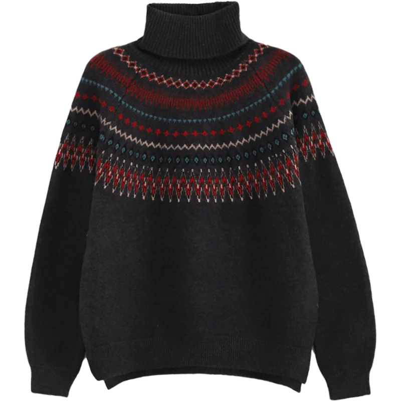 

Vintage Geometric Turtleneck Sweater Women 2020 Winter Autumn Chic High Neck Pullovers Elegant Lady Thicken Warm Jumper Knitwear