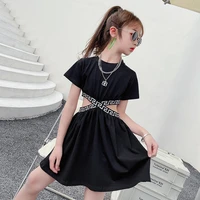 2021 girls summer dresses black a line geometric pattern knit waist hollow cut sports casual dress 3 14y childrens girl clothing