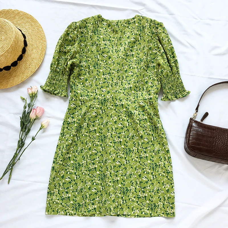 

Floral Printing Women Single Breasted Mini Dress V-neck Fresh Short Puff Sleeve Holiday Style Lady Dress New Summer