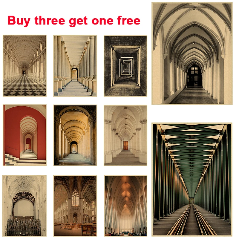 

Retro Kraft Paper Poster Geometric Abstract Architecture Modern Poster Wall Art Nordic Church Building Living Room Decoration