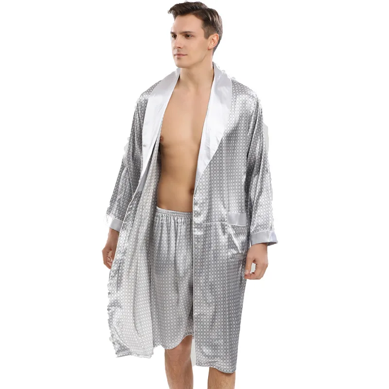 

Spring Gray Imitation Silk Robe Sets Japanese Home Sleepwear for Men Silk Shorts Negligee Bata De Dormir De Ceda Mangas Largas
