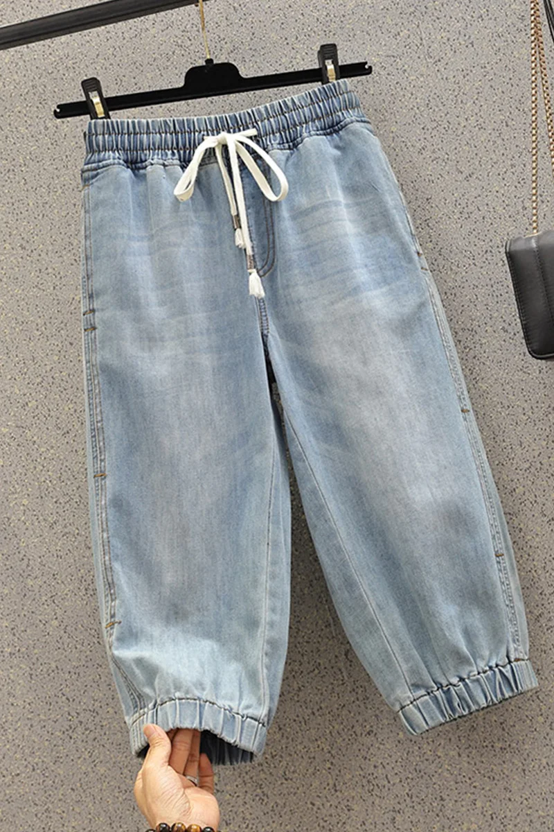 

Jeans Woman High Waist Drawstring plus size Loose Beam feet Softener Casual Calf-length Denim Harem Pants 4XL 5XL