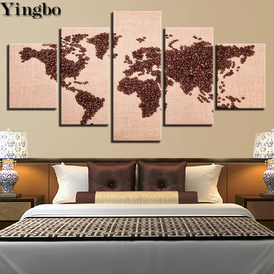 

Модульная Алмазная картина 5 шт. кофейные зерна мировая Настенная картина со стилизованной картой мира мозаика Алмазная вышивка распродажа...