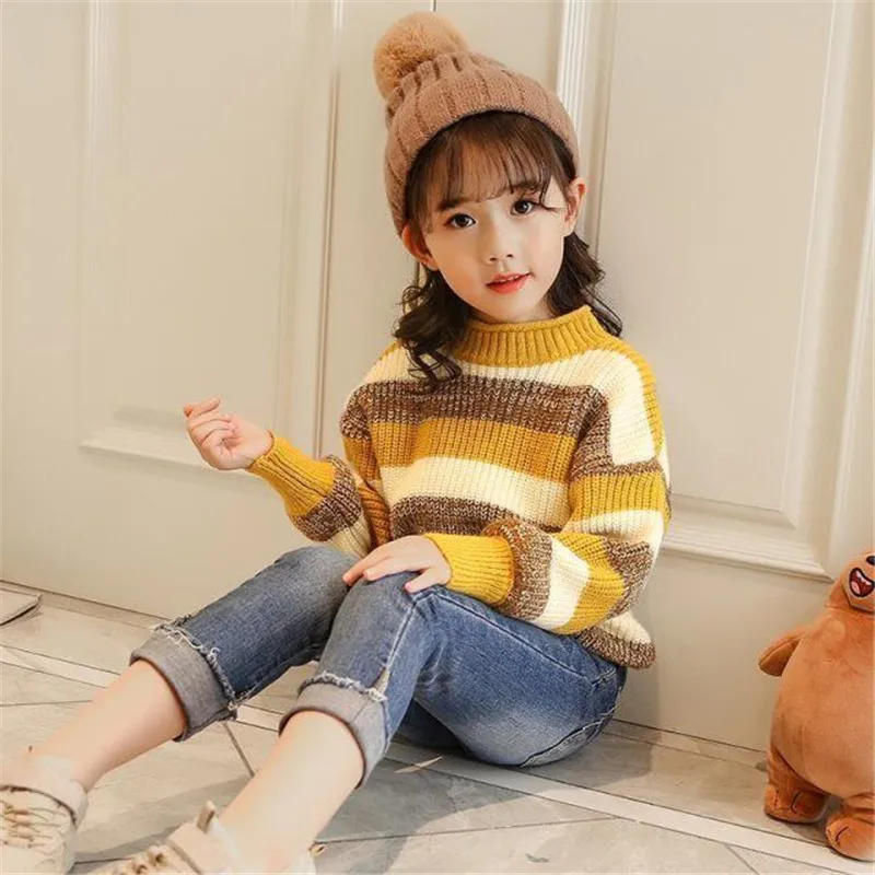 

New Spring Winter Girl Casual Hedging Sweater Children's Knitted Woolen Kids Warm Thicken Plus Velvet Pullover High Quality