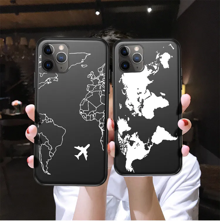 Ottwn Airplane Phone Case For iPhone 11 Pro Max 12 Pro XS Max 6 6S 7 8 Plus XR Cartoon Black World Map Love Soft TPU Back Cover