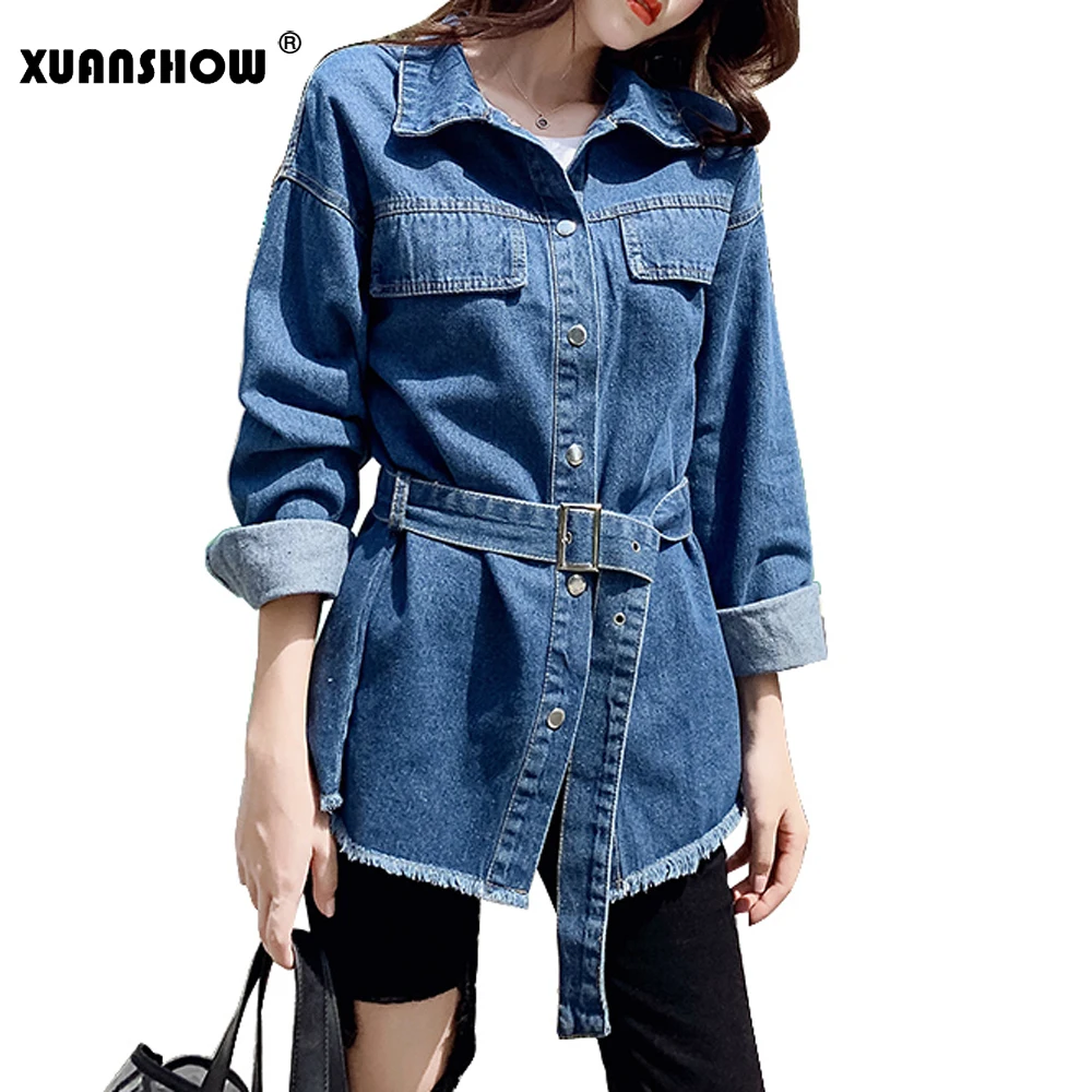 XUANSHOW Chaqueta Mujer 2019 модная осенняя однотонная длинная женская куртка с поясом