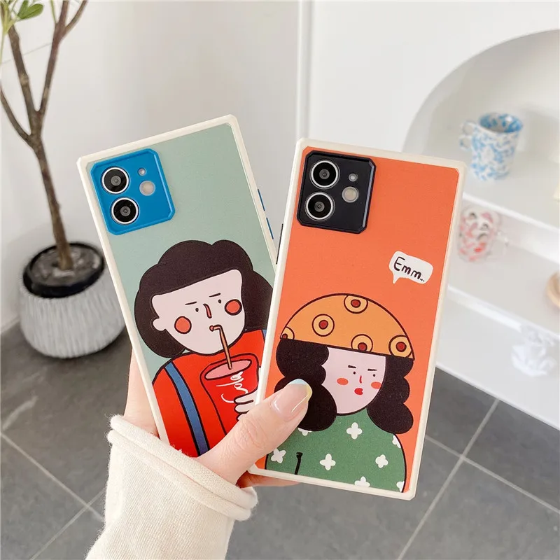 

Luxury Metal Lens Protection Phone Cases For iPhone 12 11 Pro XS MAX XR X 8 7 Plus Cute Cartoon Cola Girl Frame Print TPU Cover