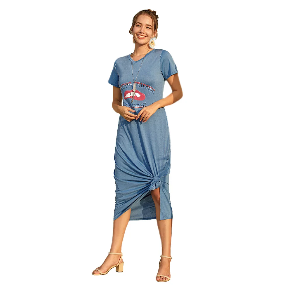 

FNOCE Cross-border Foreign Trade Women's summer Skirt Mouth Print Floral V-neck Casual Fashion Short-sleeved Women's dress