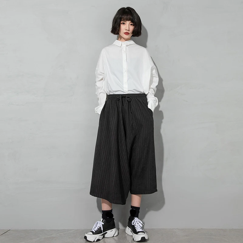 

XITAO Drawstring Wide Leg Pants Fashion Striped Goddess Fan Casual Style 2021 Pocket Minority Loose Full Length Pants LDD1152
