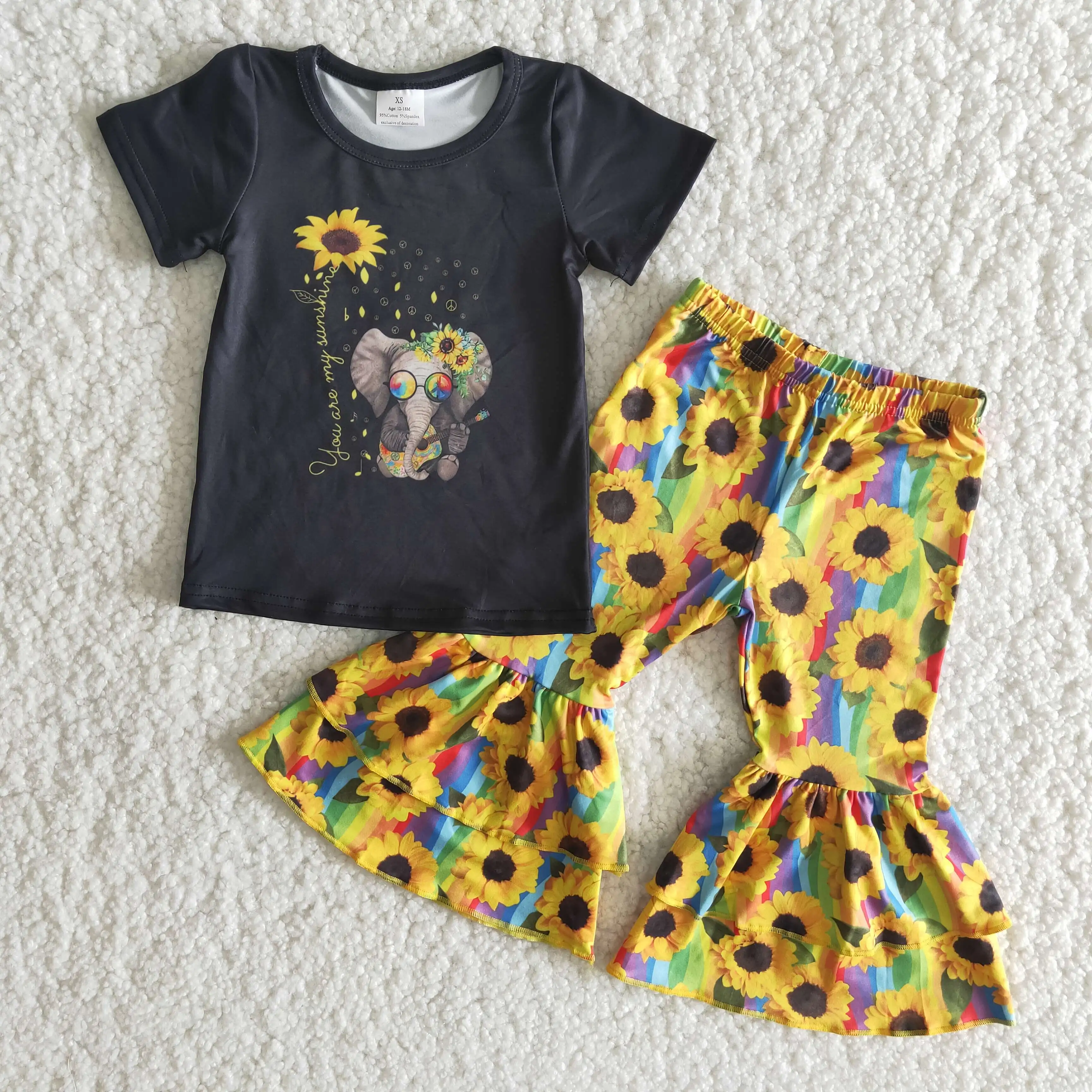 

2021 Summer New Design Black T-shirt Match Sunflower Print Bell-bottom Pants Kid Clothing Set