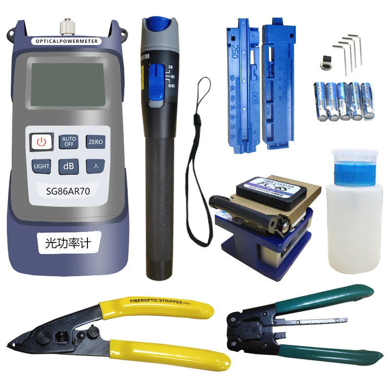 Набор для холодного соединения оптического волокна Wanglink. В комплекте: сварочная машина для оптических волокон, набор инструментов, оптический мощностной метр, красный фонарик, нож для резки.