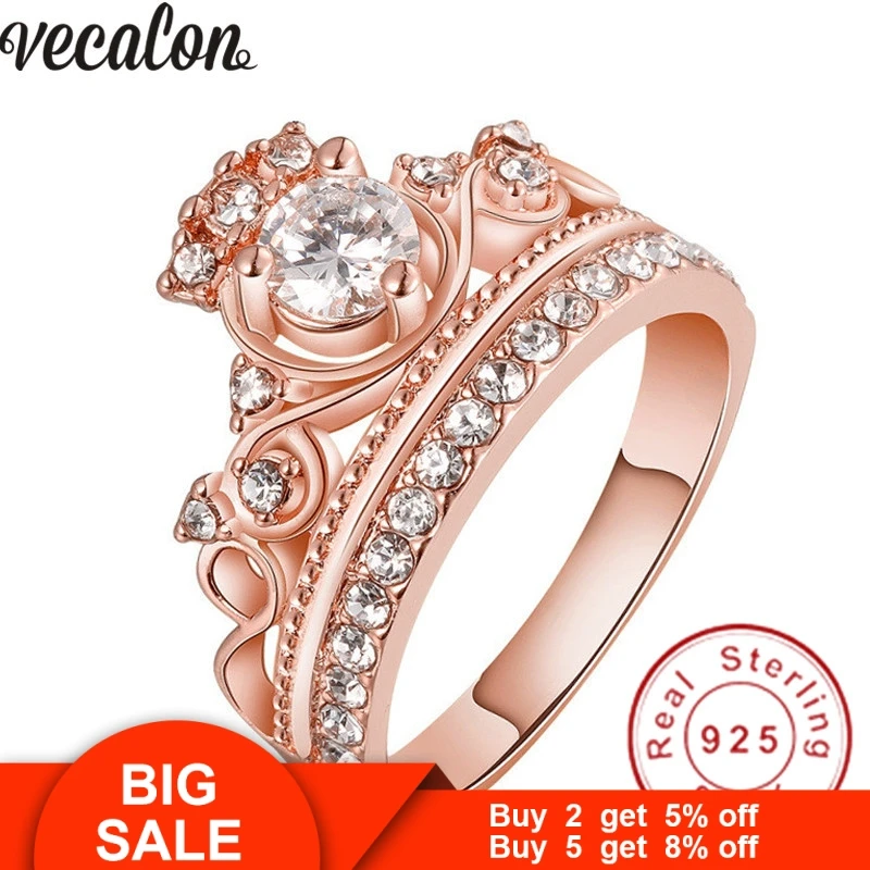 Vecalon 2 colors Hot sale Crown Jewelry Women ring AAAAA Cubic Zirconia Rose Gold color Party wedding Band for women Gift | Украшения и