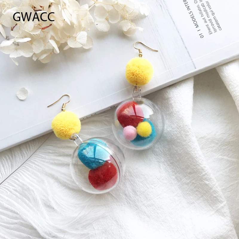 

INKDEW Young Girls Multicolor Fur Ball three-dimensional transparent Ball Big Design Earrings Drop Earrings Long Earrings
