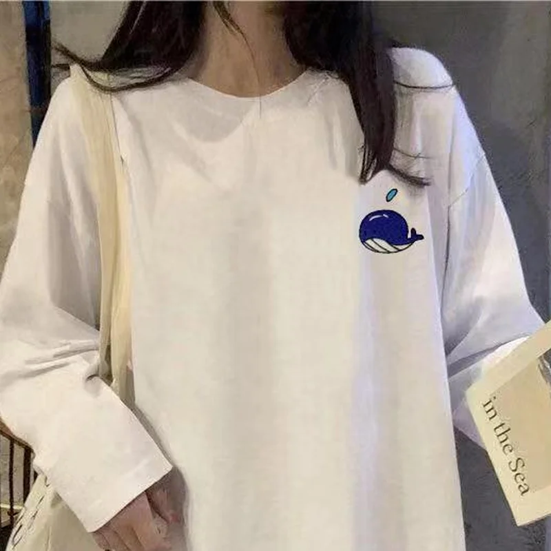 

Long Sleeve T-shirts Women Simple White Design All-match Summer Popular Tops Embroidery Teens Friends Leisure Tees Loose Daily