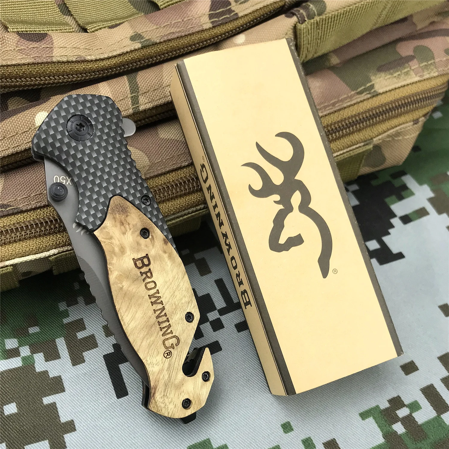Browning-cuchillo plegable de bolsillo militar táctico 440C, cuchillo de caza con mango de madera, herramienta EDC de autodefensa para acampar al aire libre