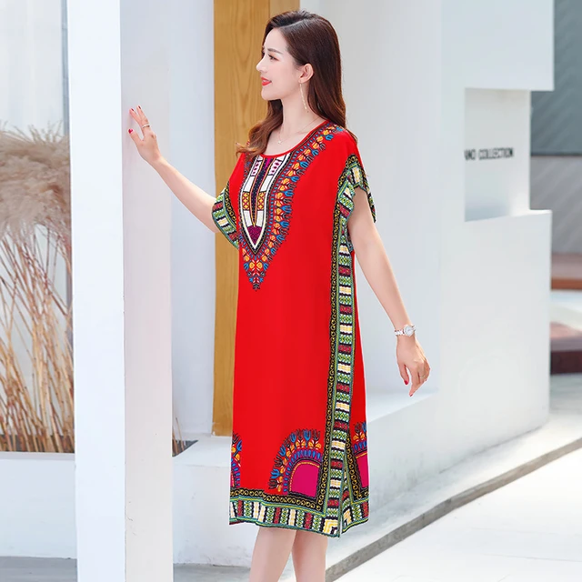 Women's Long Dress Summer Indie Folk Short Batwing Sleeve o Neck Straight Ladies Dresses Midi Split Geometric Print Female 5