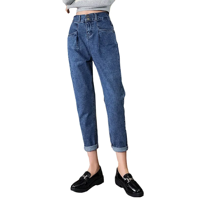High Waist Jeans Daddy's Trousers Fashion Women Boyfriend Loose Straight Blue Curled Ankle Length Harem Pants