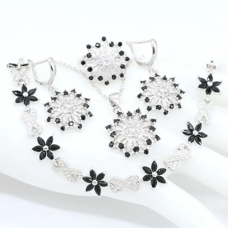 Черный циркон свадебное серебро трендовый кулон ожерелье серьги браслет и