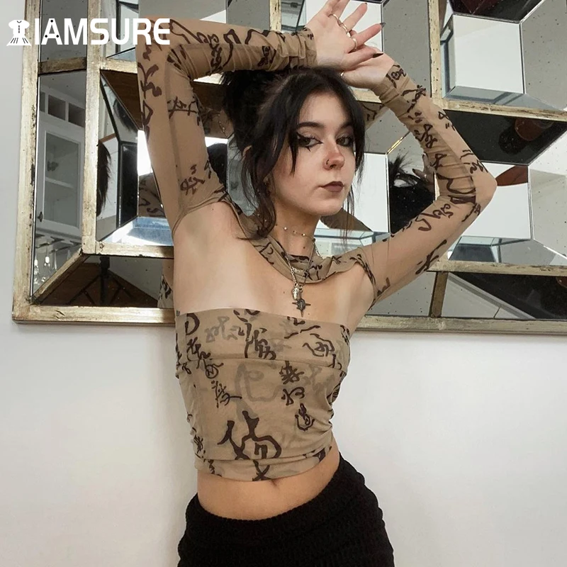 

IAMSURE Sexy Slim Mesh T Shirt Set Women See Through Character Printed 2 Pieces Long Sleeve Smock Cropped Tube Tops Streetwear