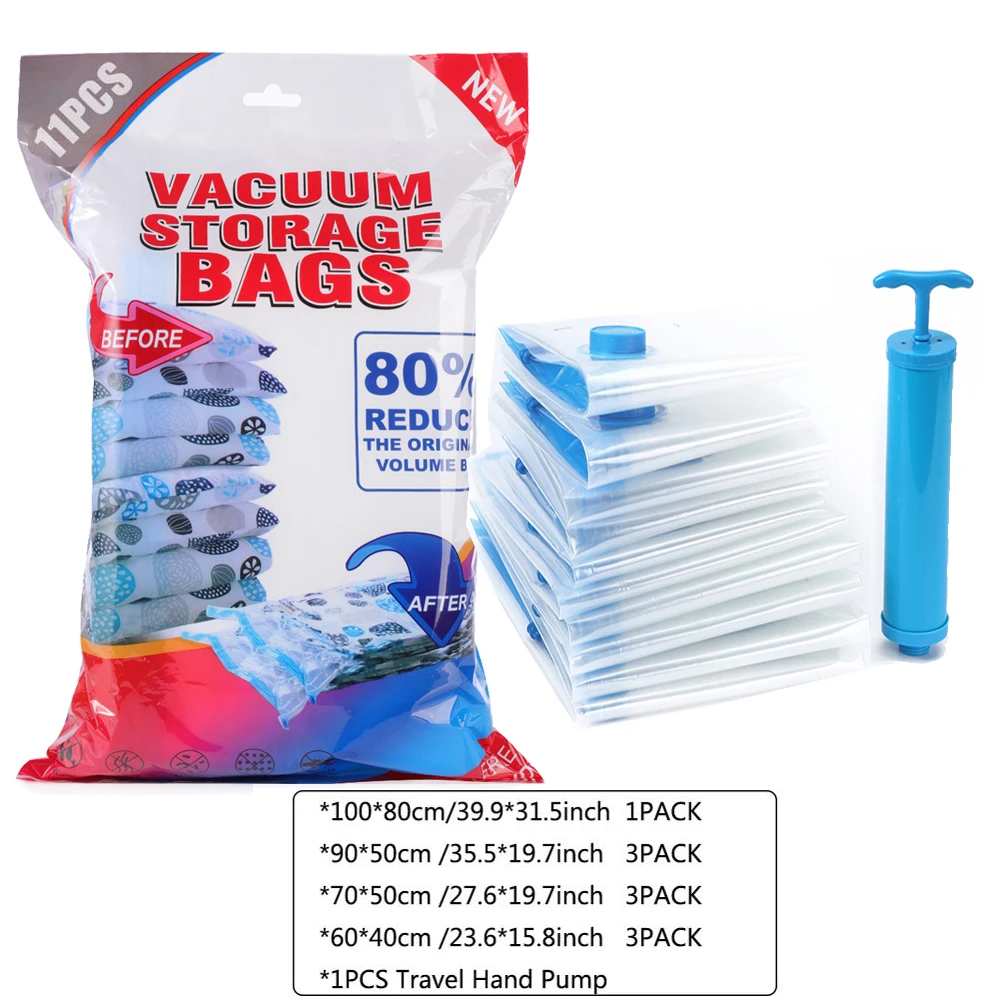 

11PCS Vacuum Bag Reusable Vacuum Storage Bags For Cloth Compressed Bag With Hand Pump Travel Save Space Seal Free shipping