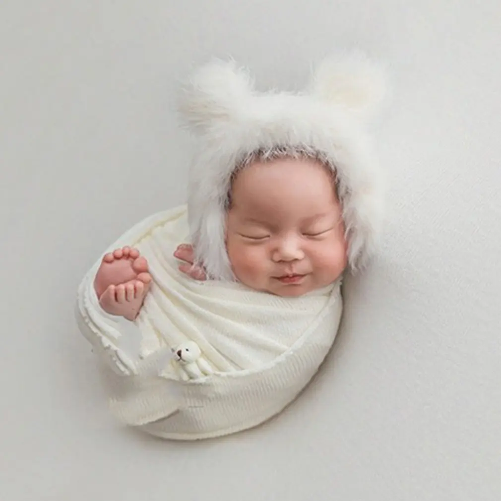 

3pcs/set Newborn Infant Photography Wraps Knitted Baby Boys Girls Photo Props Faux Fur Hat Strong Stretch Blanket Bear Doll