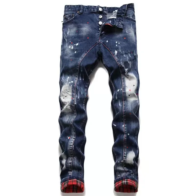

2021 Fashion Tide Brand Dsquared2 Men's Ripped Patches Paint Dots Stretch Skinny Jeans Color Matching Jeans #1081