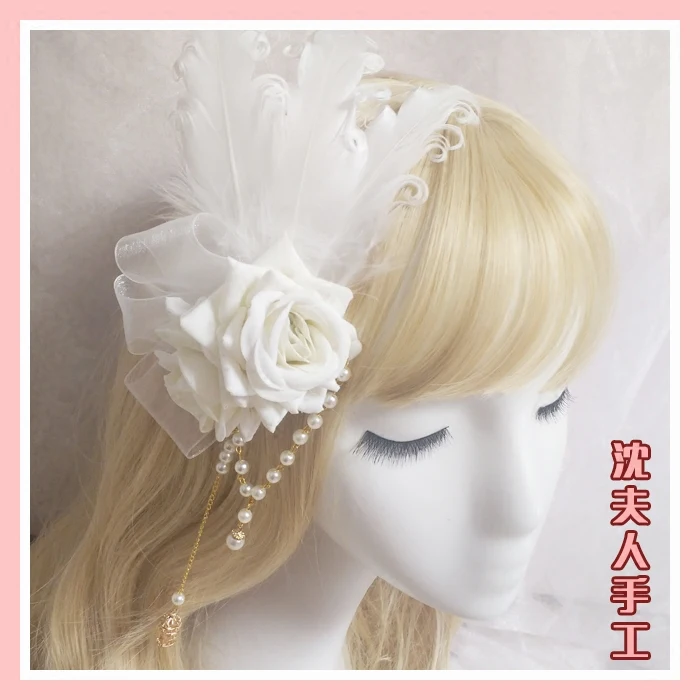 

Lolita Gothic Flower Wedding Pill KC Hairware Side Clip Lace Rose Feather Black and White Two Colors