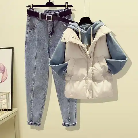 Женский осенний костюм, хлопковый жилет, свитер, тонкие джинсы, Женский костюм-тройка, большой размер, 2021