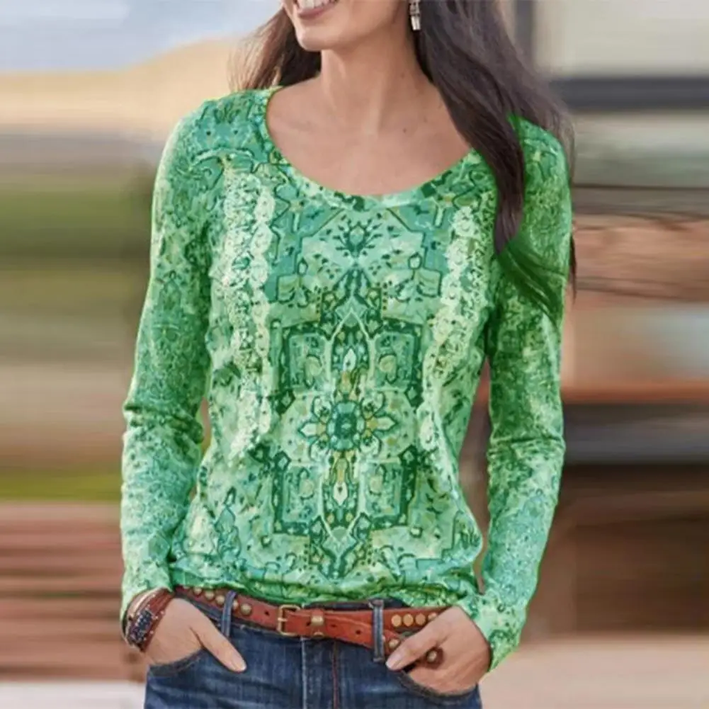 

Футболка в этническом стиле, Женский пуловер с круглым вырезом и длинным рукавом, топы, женские повседневные футболки, женская футболка