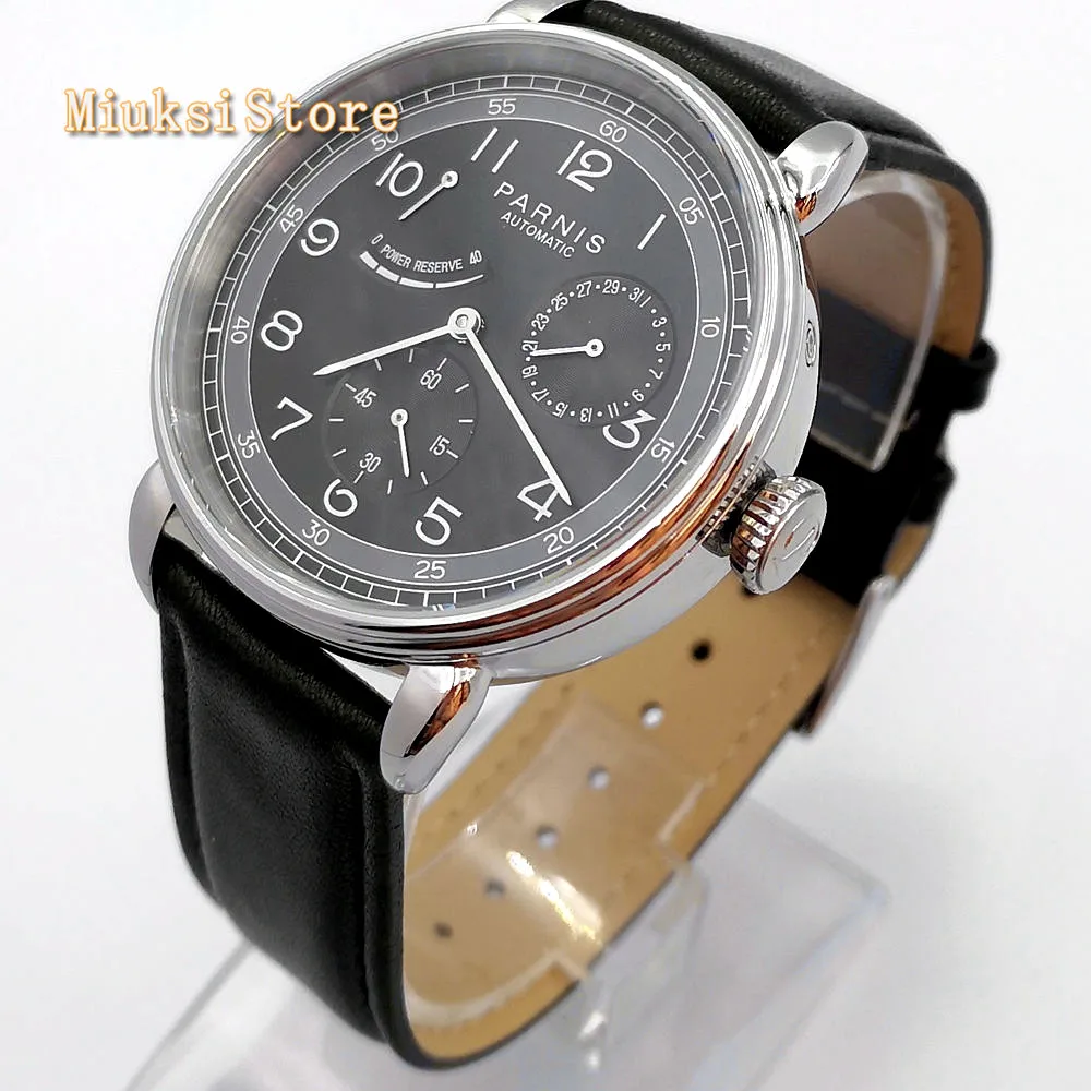 Новые Парнис 42 мм Серебристый футляр для часов Дата Кожаный автоматический