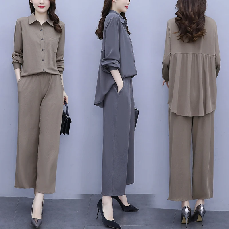 

Весенняя Корейская Свободная рубашка с широкими штанинами костюм из двух частей пастельный Комплект женский костюм для весны