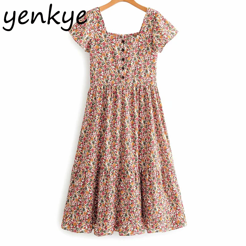 Женское платье с цветочным принтом коротким рукавом и квадратным