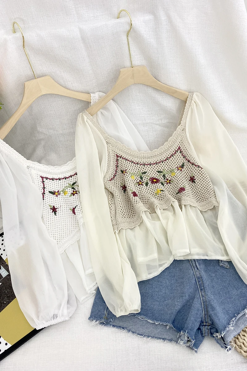 

ITOOLIN Vintage Jacquard Blouse Women Floral Long Sleeve Square Neck Ruffle Chiffon Tops Female Embroidery Loose Shirt