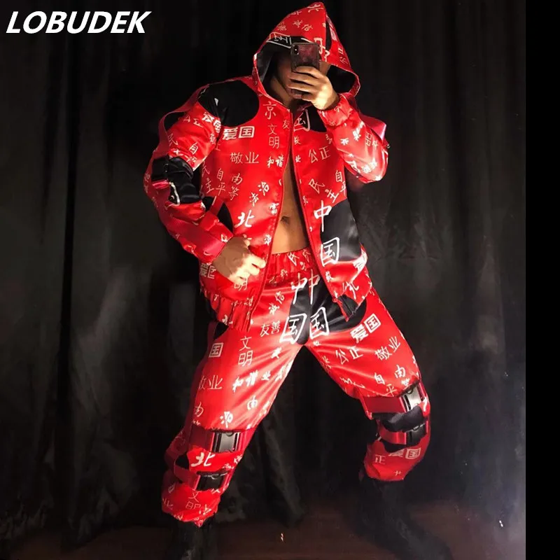 Men Stage Suit Red Printed Hooded Jacket Pants 2-Pieces Set Nightclub Bar Club Party Costume DJ Rock Hip Hop Dance Outfit New