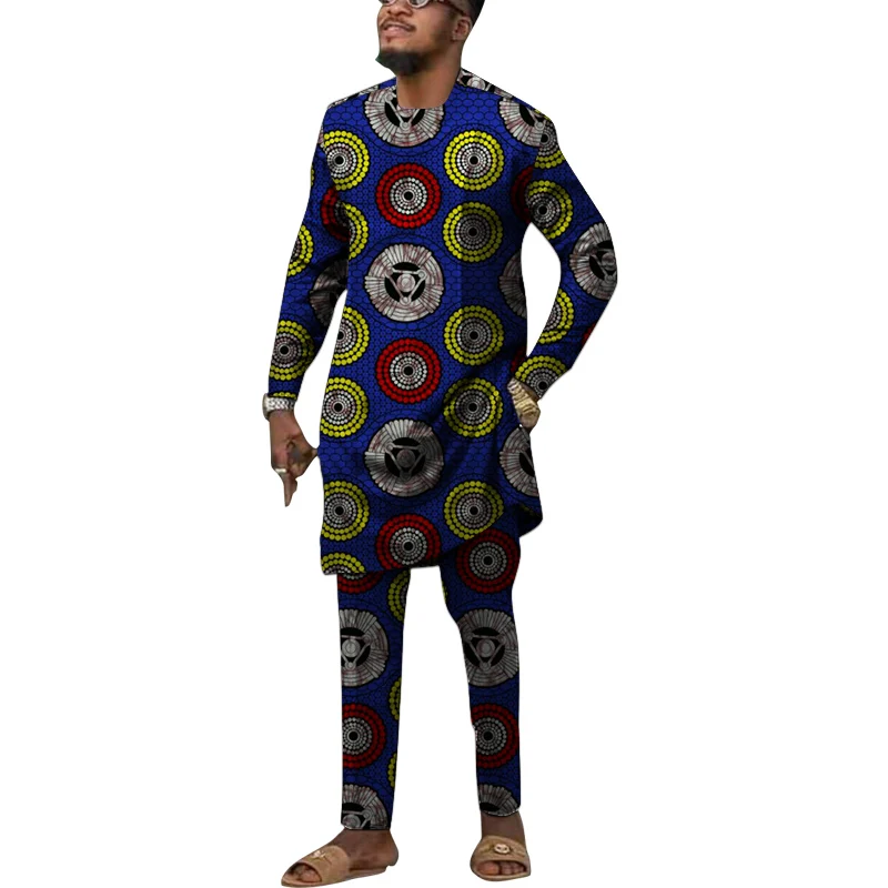 

2021 Nigeria Fashion Sets Men's Tops+Pants African Print Garments Customized Male Shirt Wedding Party Wear