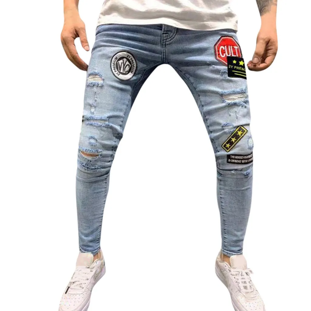 Мужские рваные джинсы с вышивкой синие эластичные облегающие брюки в стиле