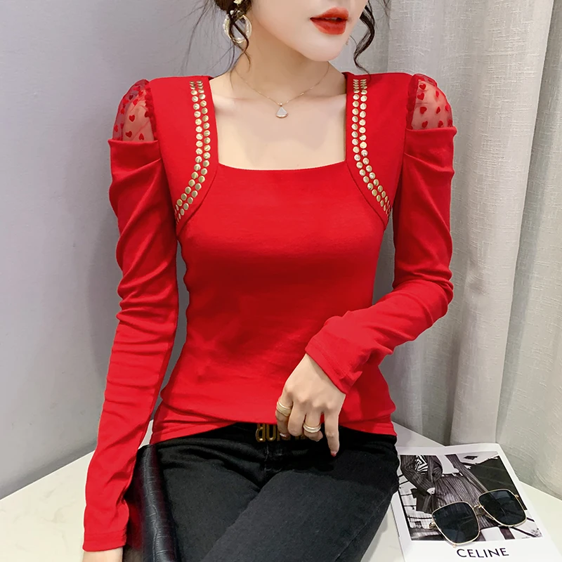

Women's T-Shirt New 2022 Spring Long Sleeved Square Collar Rivet Mesh Tops Elegant Slim Solid Color M-3XL Female Blusas