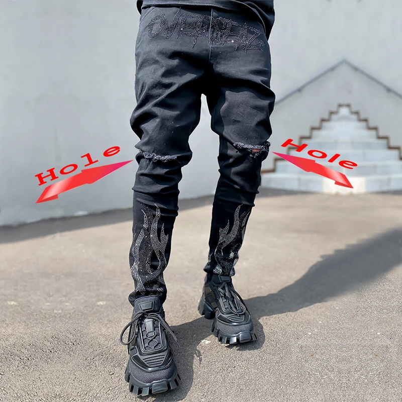 2021 Men's Jeans Ripped Skinny Hole Biker Trousers Stretch Slim Denim Pencil   Pants Street Punk Black Hot Drill Jeans For Men