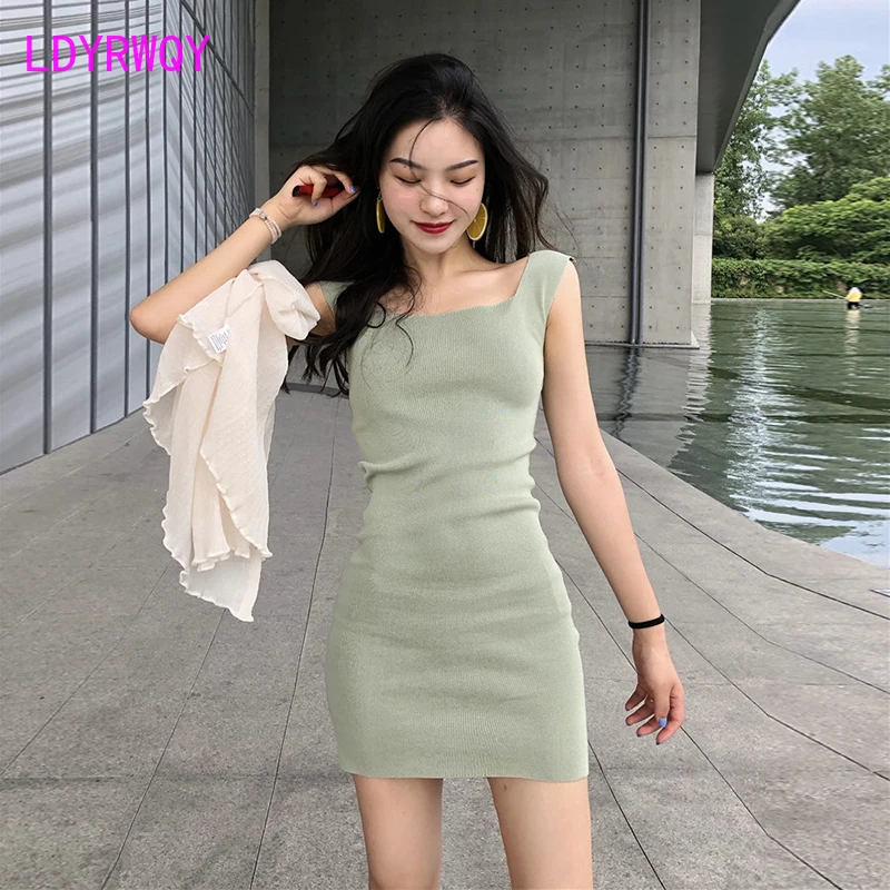 

[LDYRWQY] Simple solid color knit bag hip summer new mature temperament slim dress Zippers Knee-Length
