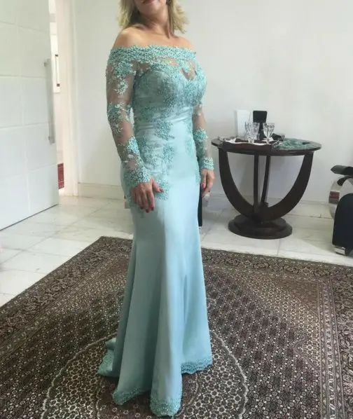 

Винтажное кружевное платье русалки с круглым вырезом и длинными рукавами для матери невесты, голубое атласное платье в пол для свадебной вечеринки для женщин