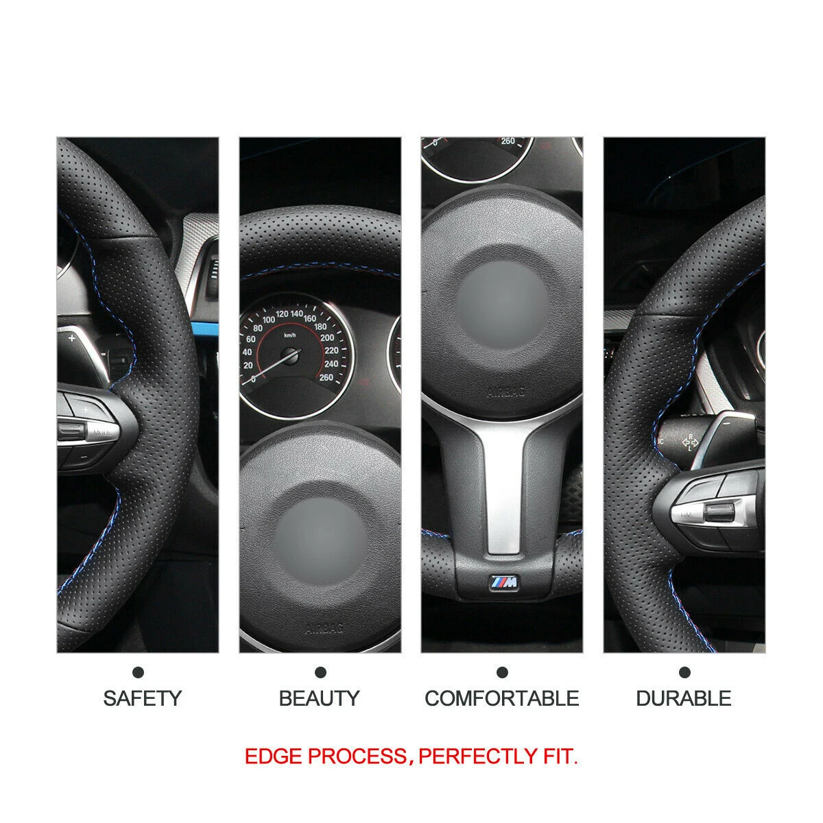 

Black Genuine Leather Steering Wheel Cover for BMW (M Sport) F30 F34 F32 F33 F36 F10 F07 F12 F13 F25 F15 F22 F23 F39 F26 F16