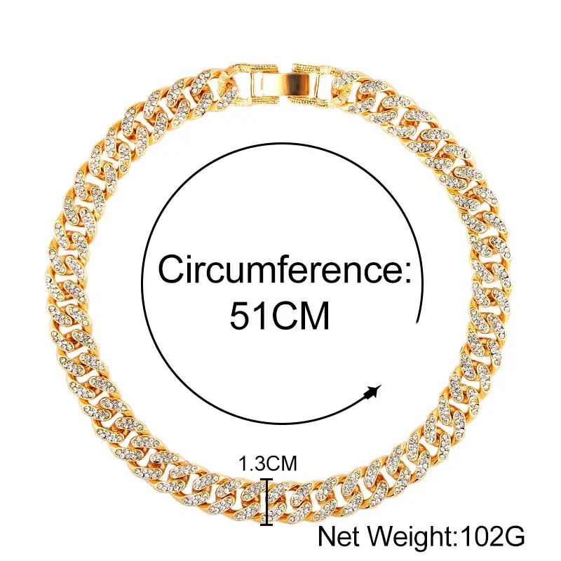 

Miami Curb Cuban Chain Necklace Gold Color Iced Out Paved Rhinestones Bling Rapper Necklaces Women Men Hip Hop Trendy Jewelry